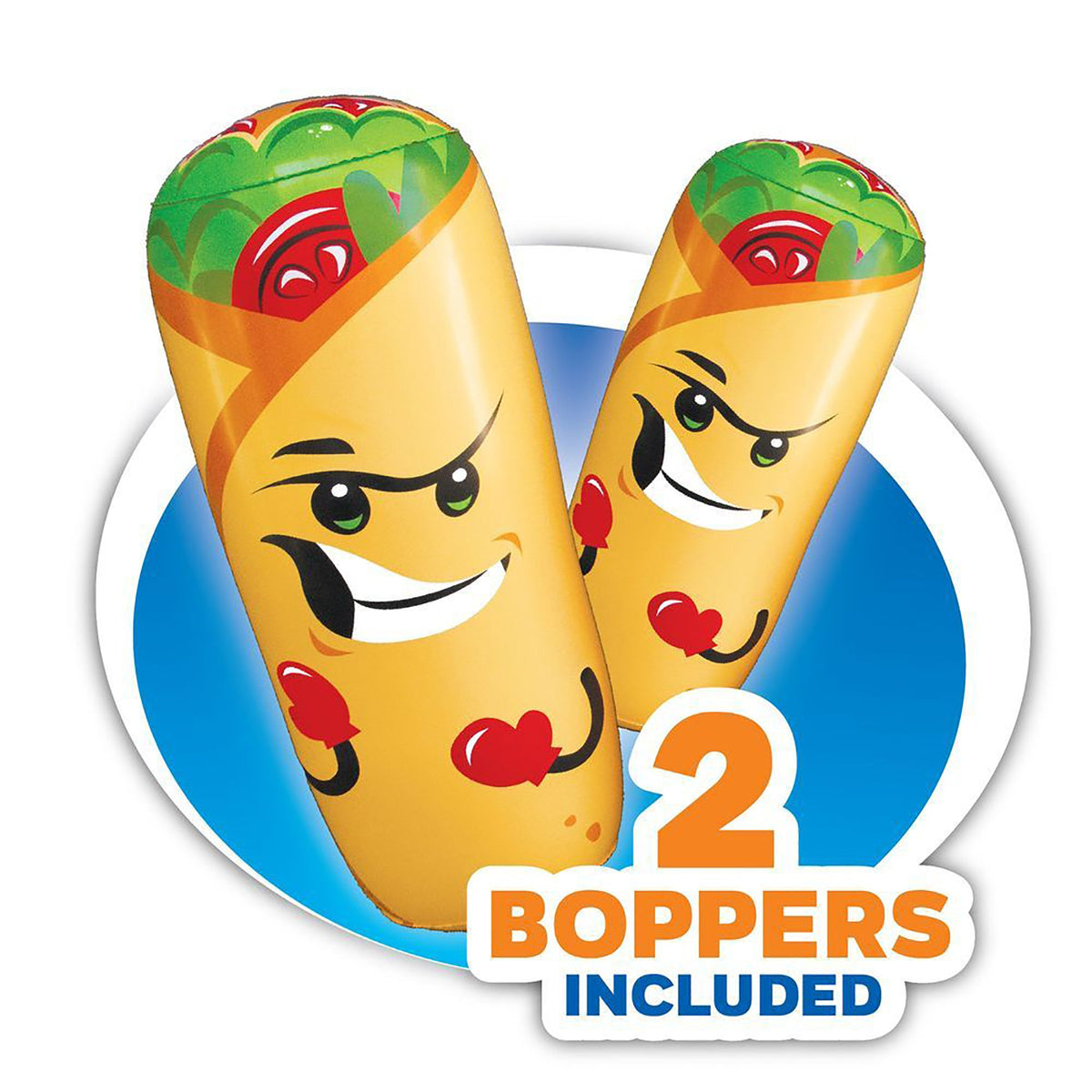 Two cartoon burritos with faces on a blue circle background, labeled '2 Boppers Included'.