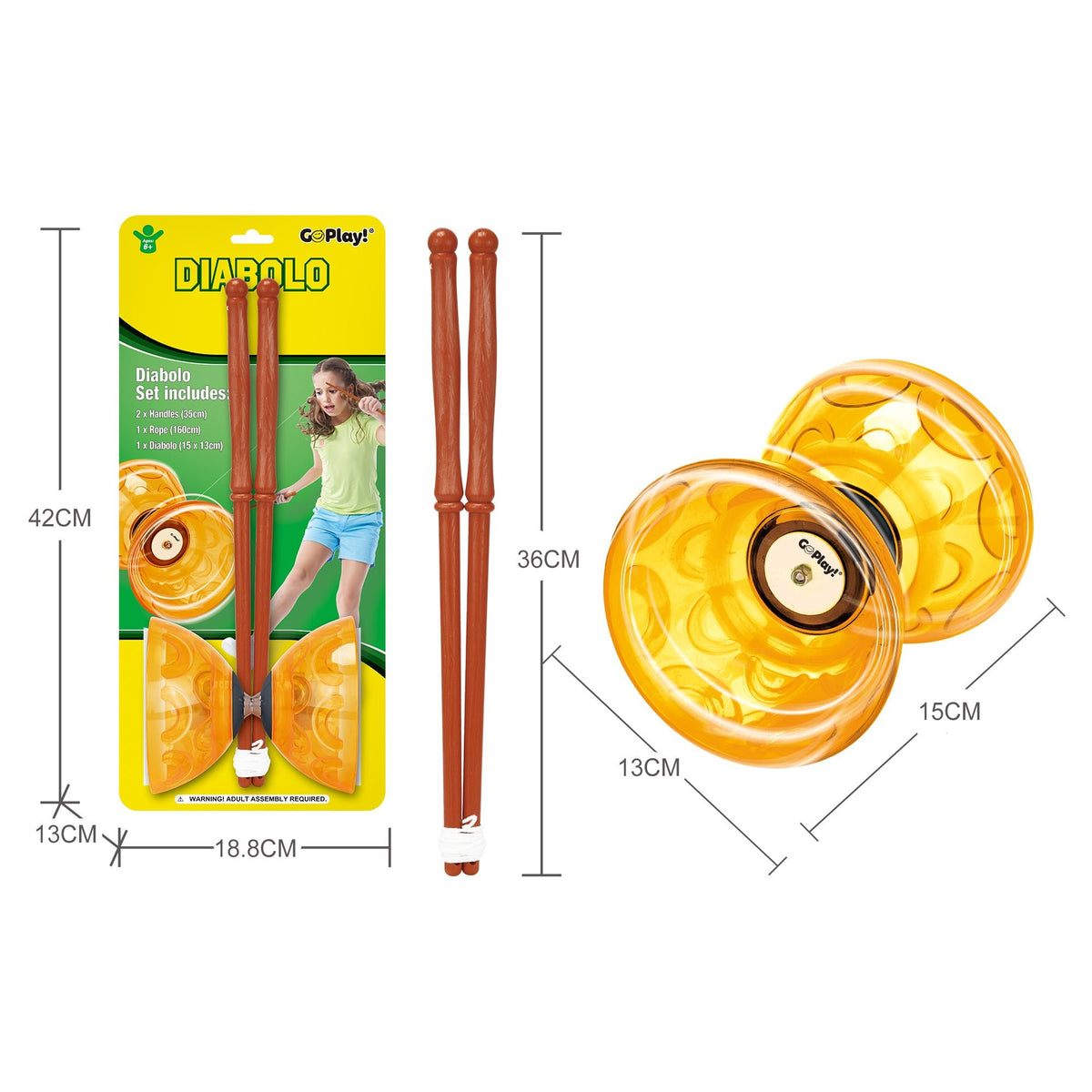 Go Play! Diablo yo-yo set with packaging, sticks, and measurements on a white background