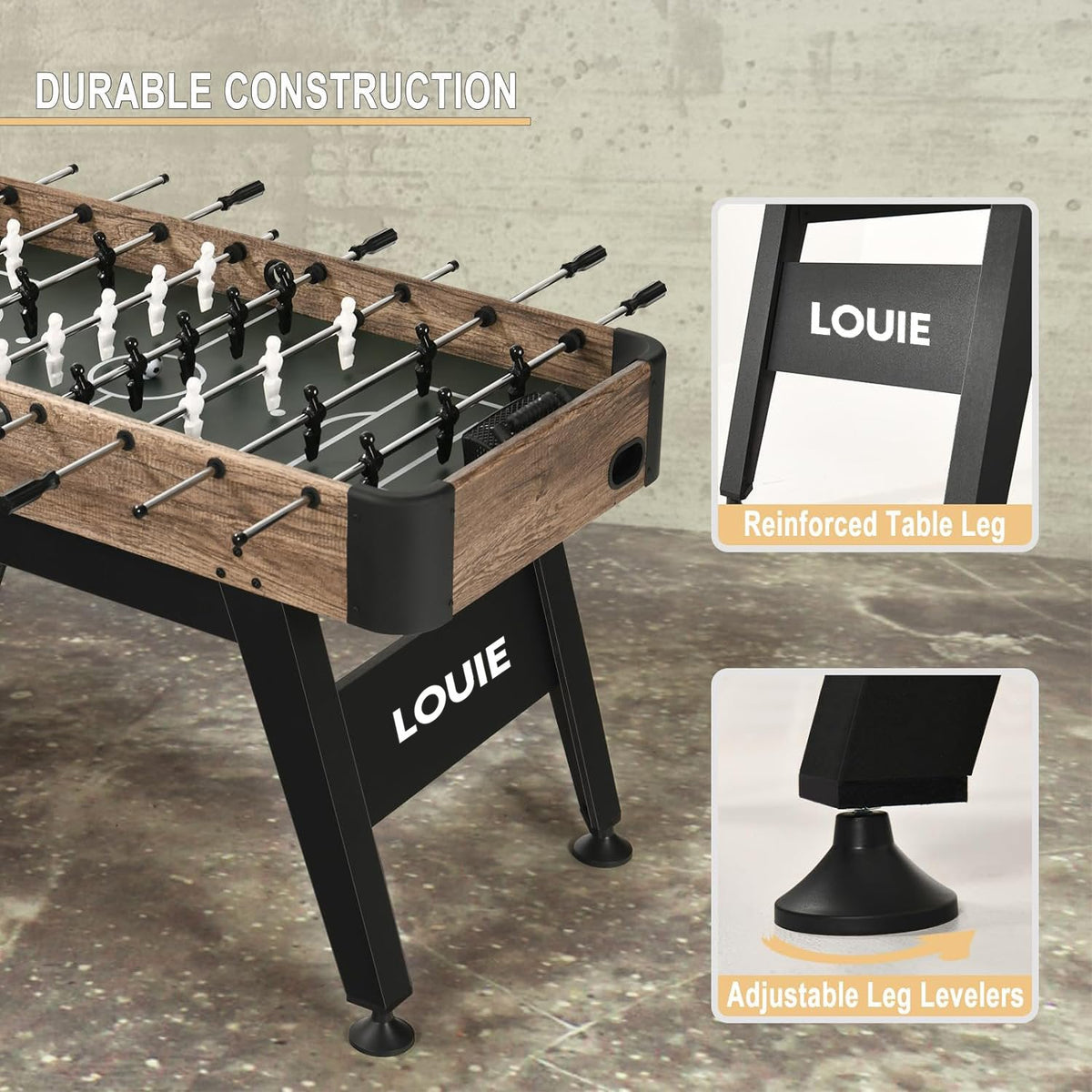 Durable construction of the LOUIE foosball table with reinforced table legs and adjustable leg levelers