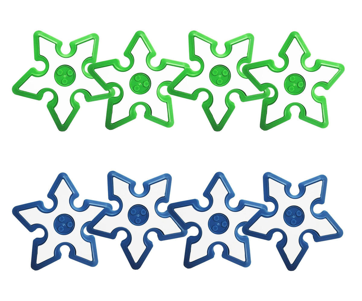 A set of 8 throwing stars in green and blue, designed for use in outdoor games such as axe throwing.