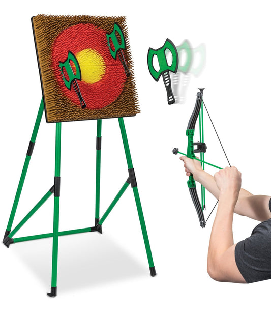 A 2 in 1 Axe Throw & Archery Set including an axe toss target, a green bow, and safety axes.
