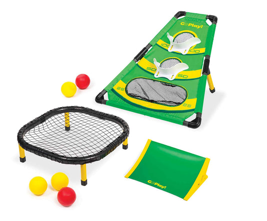 Go Play! 4-in-1 Rollin Rebounder set with a green scoring target, rebound net, launch ramp, and red and yellow balls