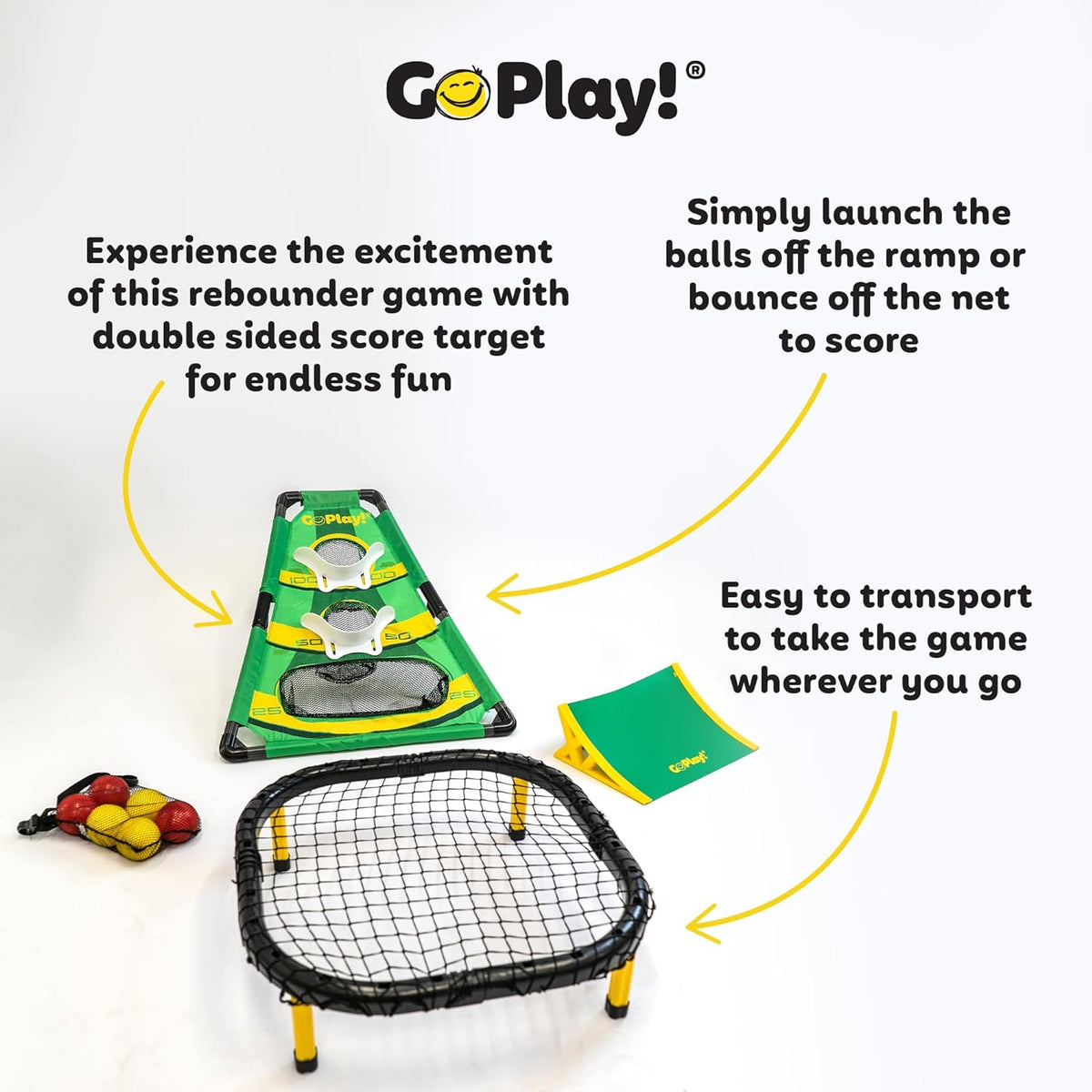 4-in-1 Rollin Rebounder feature graphic explaining the double-sided scoring target, ramp, rebound net, and portability
