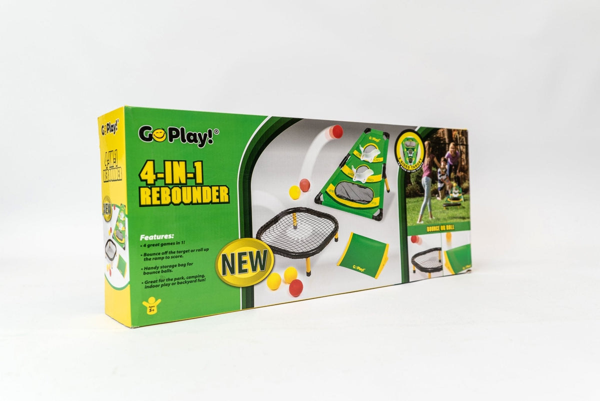Go Play! 4-in-1 Rollin Rebounder retail box showing the scoring target, rebound net, ramp, and balls.