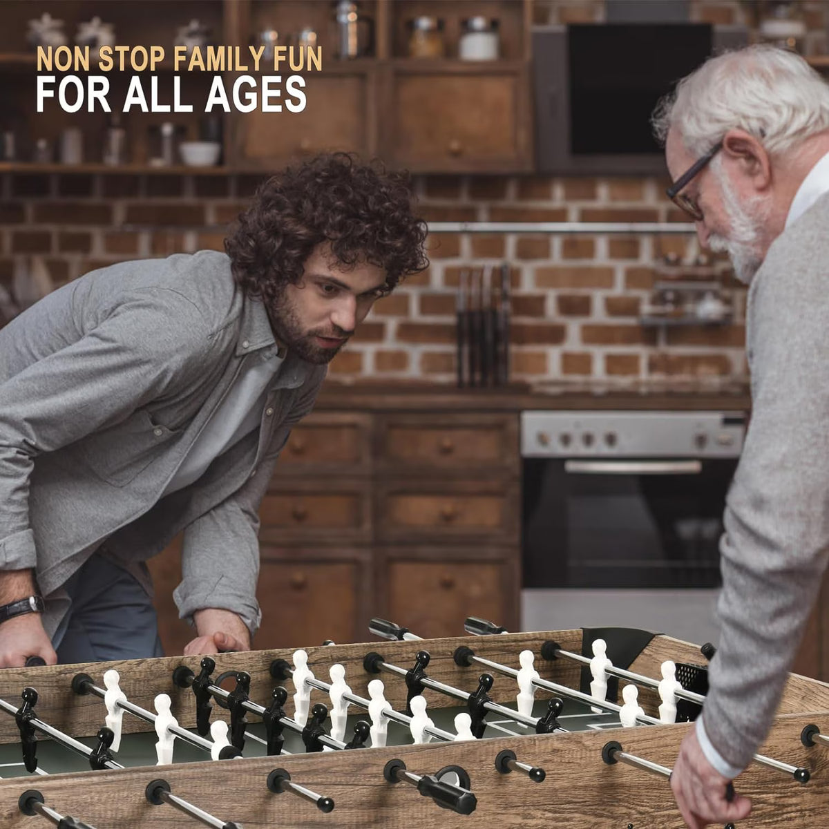 Two men of different ages playing foosball on the LOUIE table, family fun for all ages