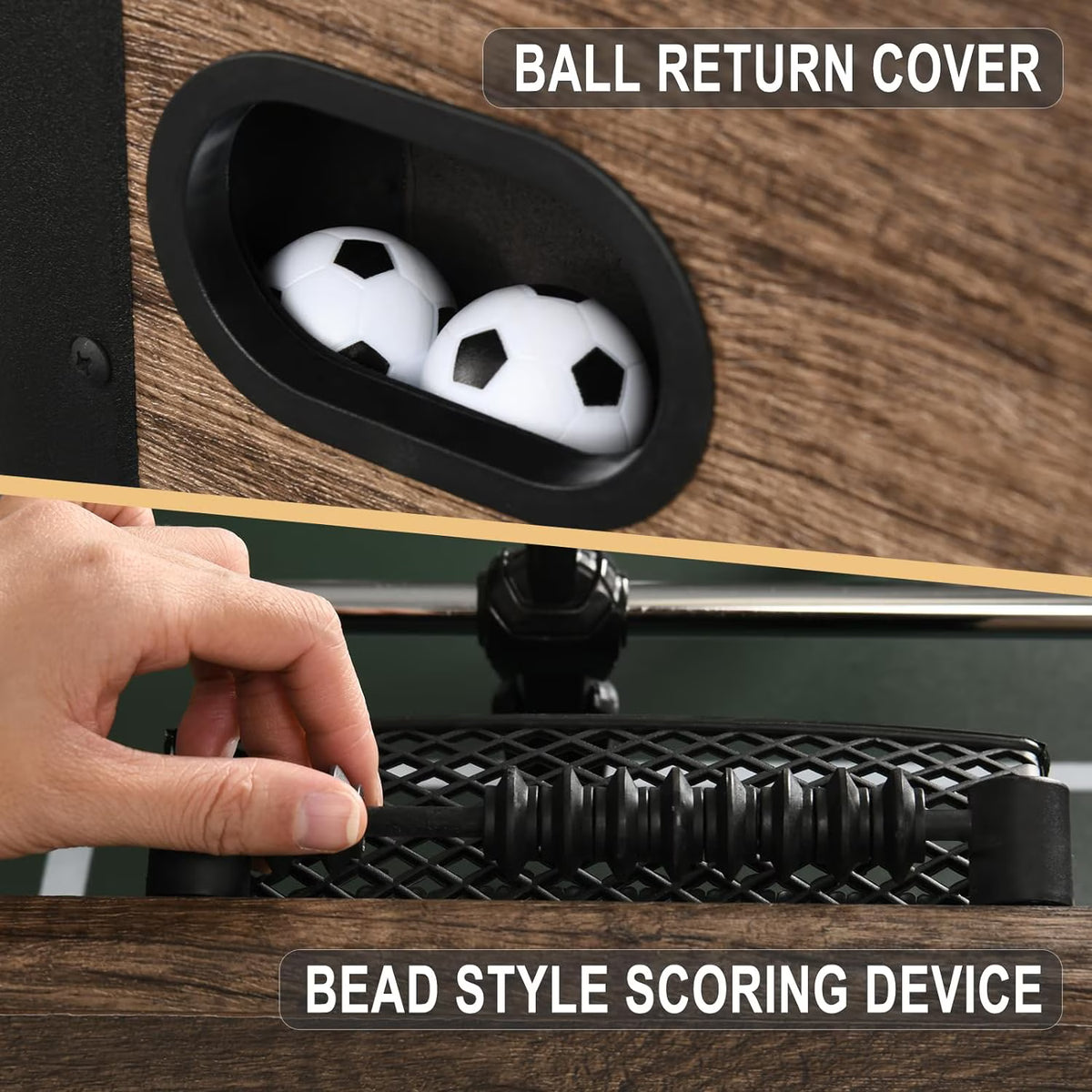 Close-ups of the LOUIE foosball table's ball return cover with soccer balls and bead-style scoring device