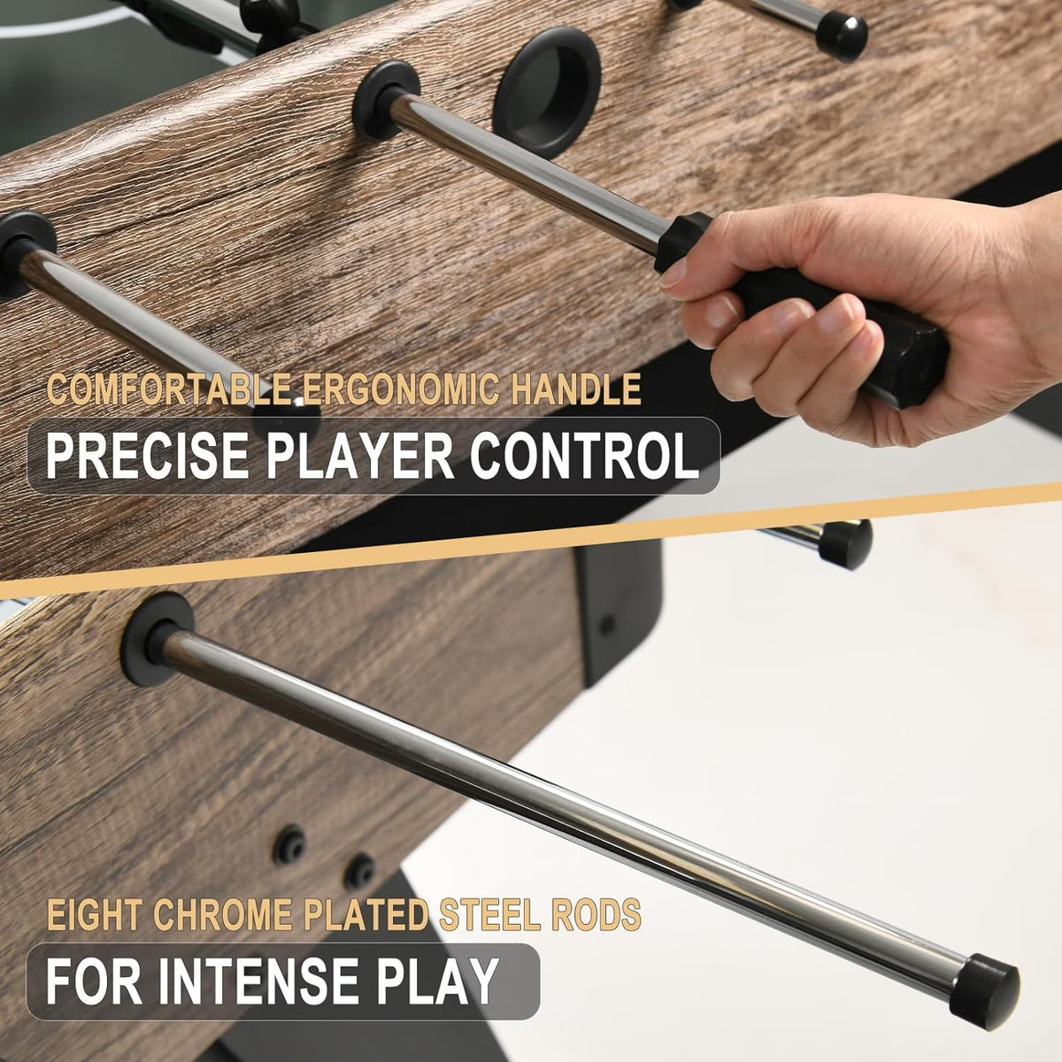 Close-up of the LOUIE foosball table's ergonomic non-slip handle and chrome-plated steel rods for precise player control