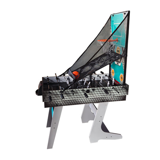 A 48-inch folding combo sports table with multiple games including basketball, archery, darts, table tennis, and pool. It is set up with accessories for each game visible.