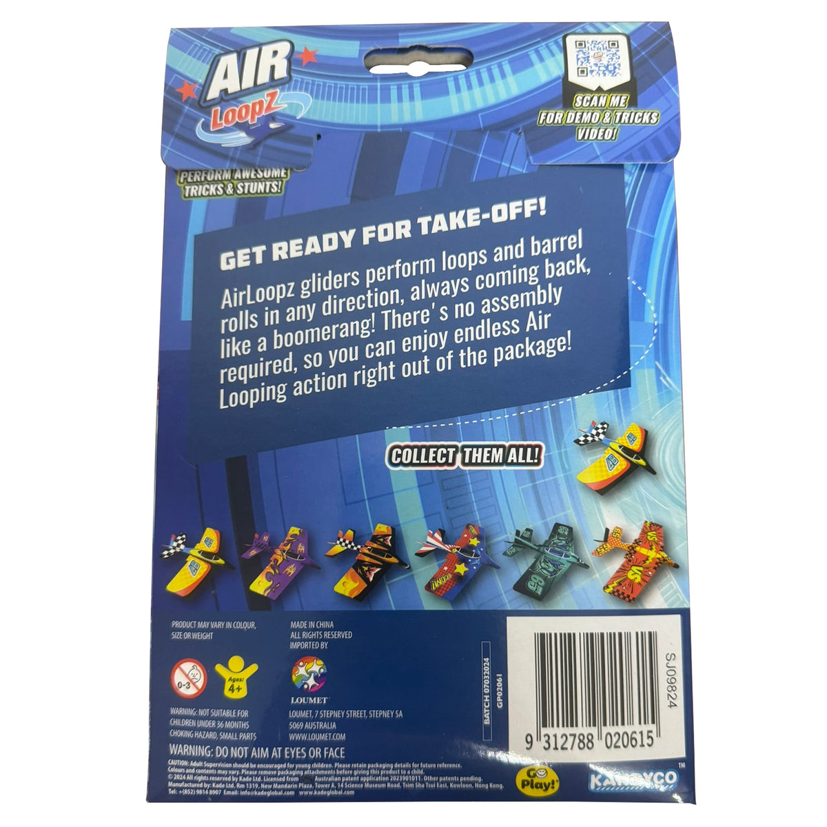 Back of Go Play! Air Loopz packaging showing flying instructions and glider designs