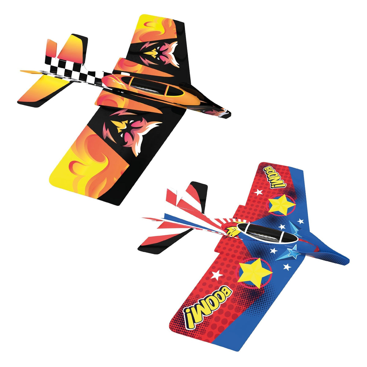 Two Air Loopz stunt gliders in orange and blue colourful designs