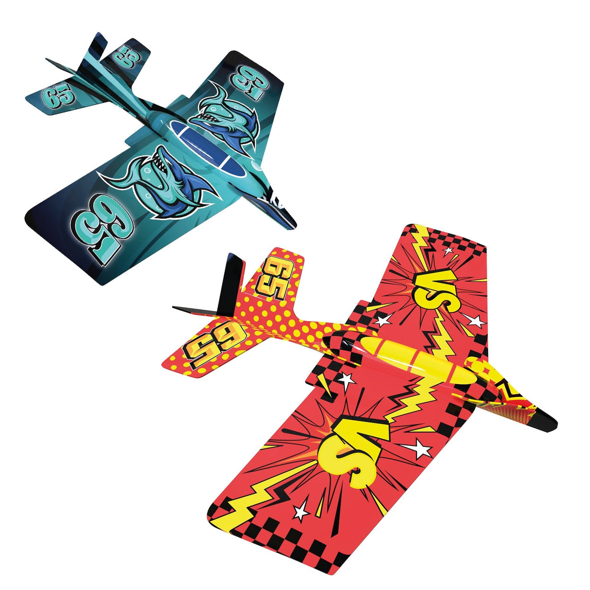 Two Air Loopz stunt gliders in teal and red patterned designs
