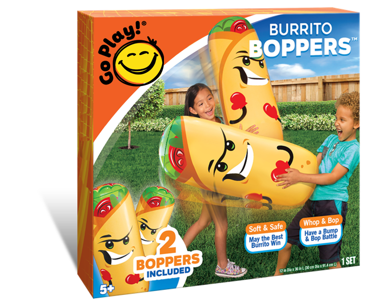 Box of Burrito Boppers with two inflatable burritos and a child playing outdoors.
