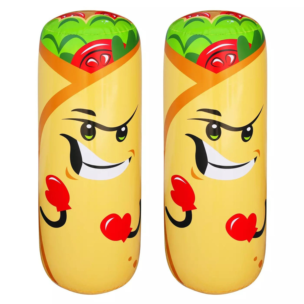 Two inflatable burritos with cartoon faces on a white background