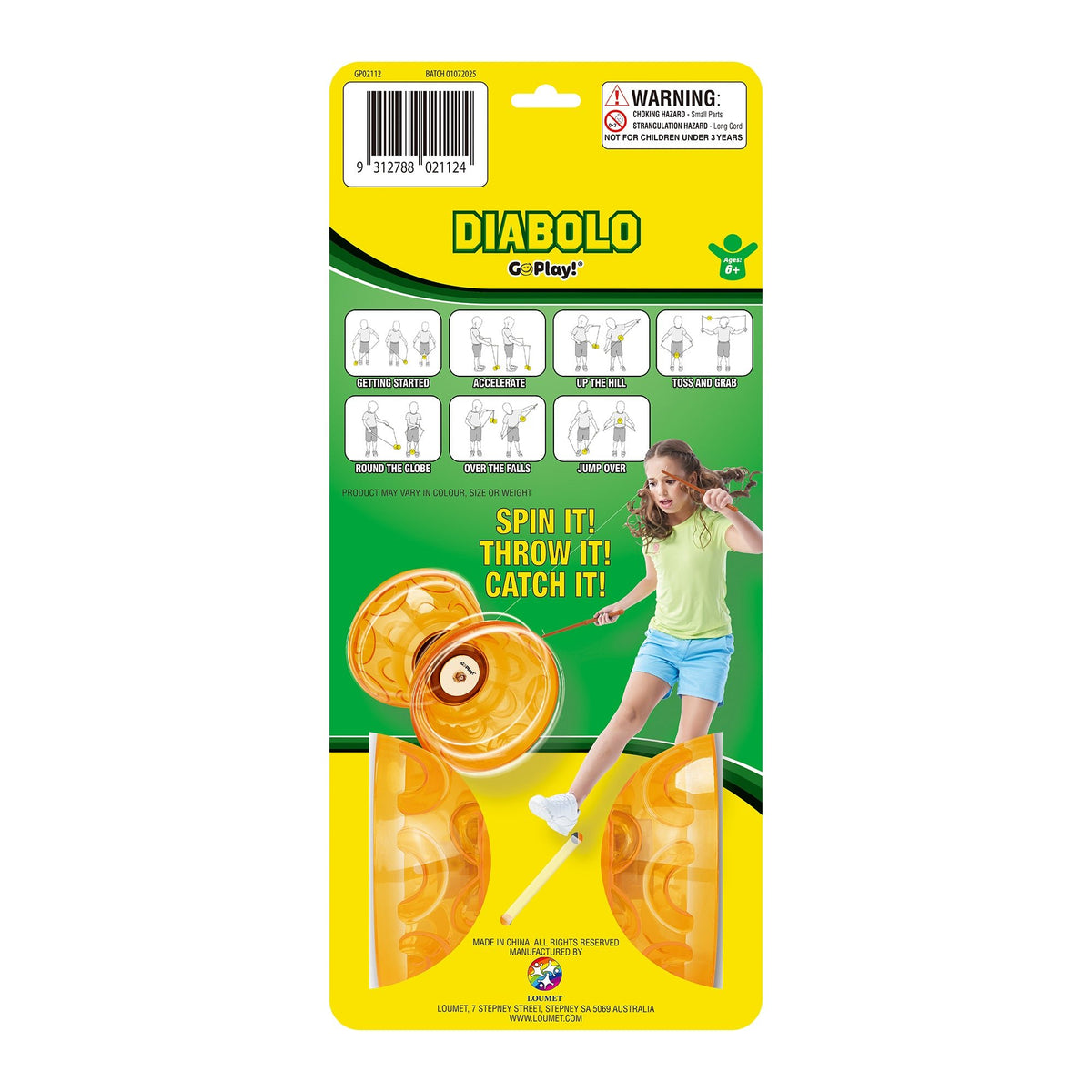 Diabolo toy packaging with a girl playing and Go Play! branding.