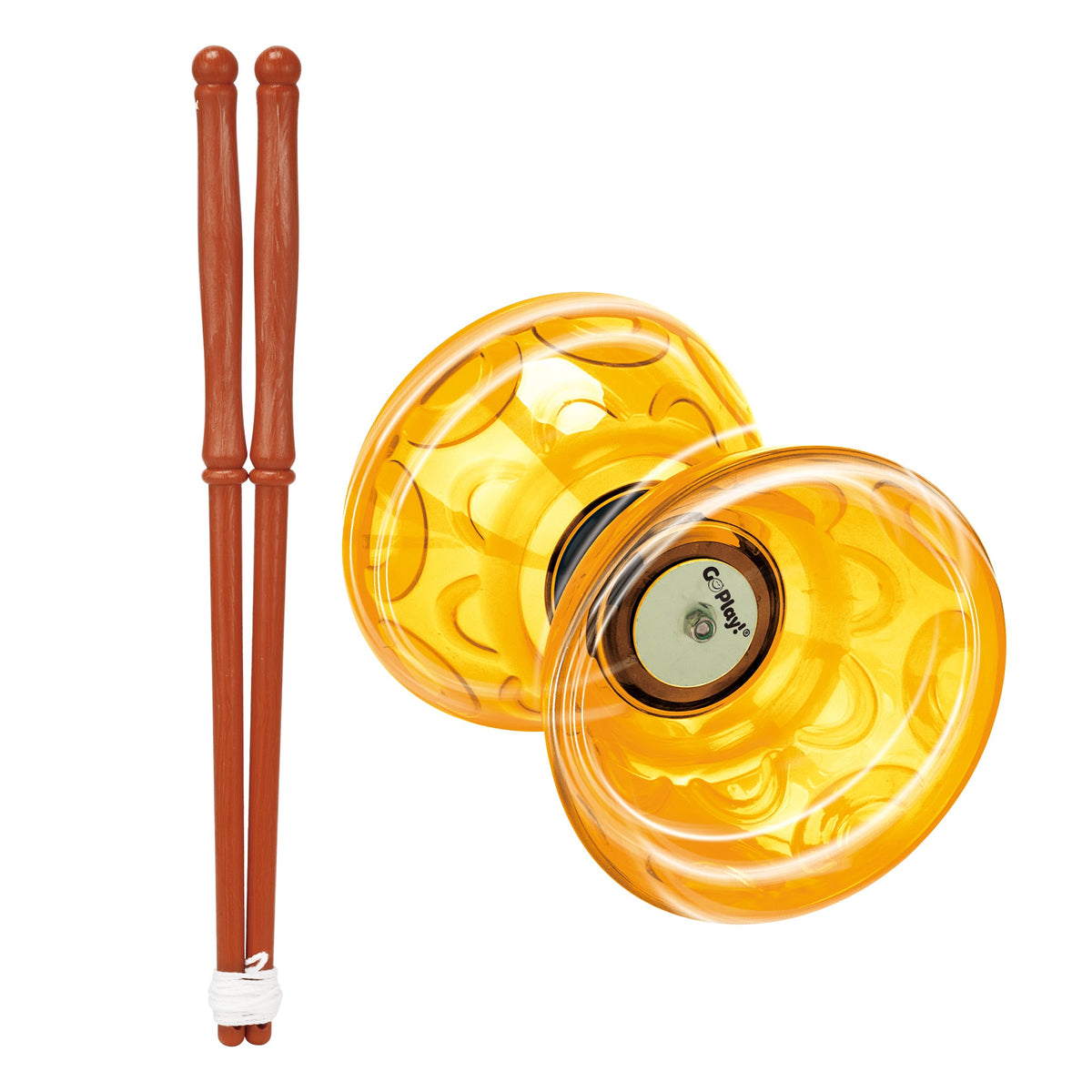 Yellow yoyo diabolo with wooden sticks on a white background