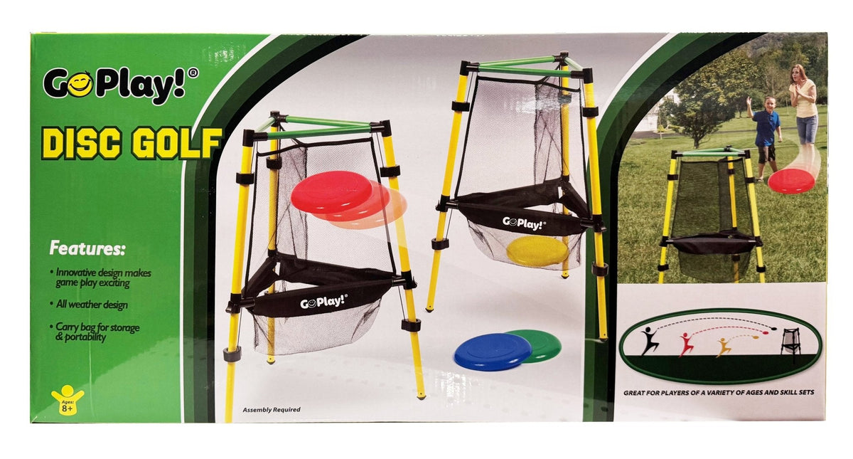 Go Play! Disc Golf Set retail box showing two net targets, four coloured flying discs, and outdoor play
