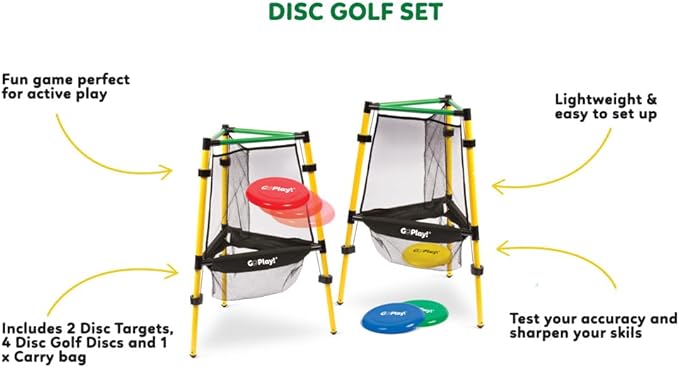 Disc Golf Set feature graphic highlighting two targets, four discs, a carry bag, easy setup, and accuracy practice
