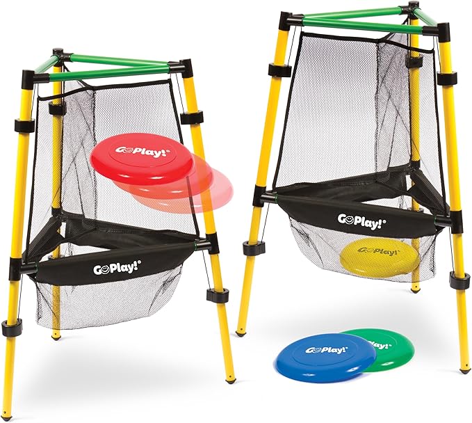 Go Play! Disc Golf Set with two yellow and green framed net targets and red, yellow, blue and green flying discs.