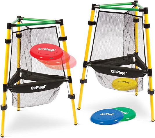Go Play! Disc Golf Set with two yellow and green framed net targets and red, yellow, blue and green flying discs.