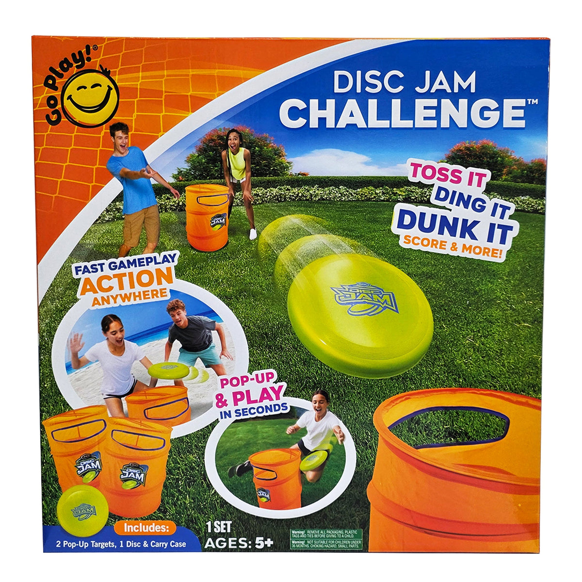 2 children playing with Go Play! Disc Jam Challenge game with green disc and orange buckets on a grassy background
