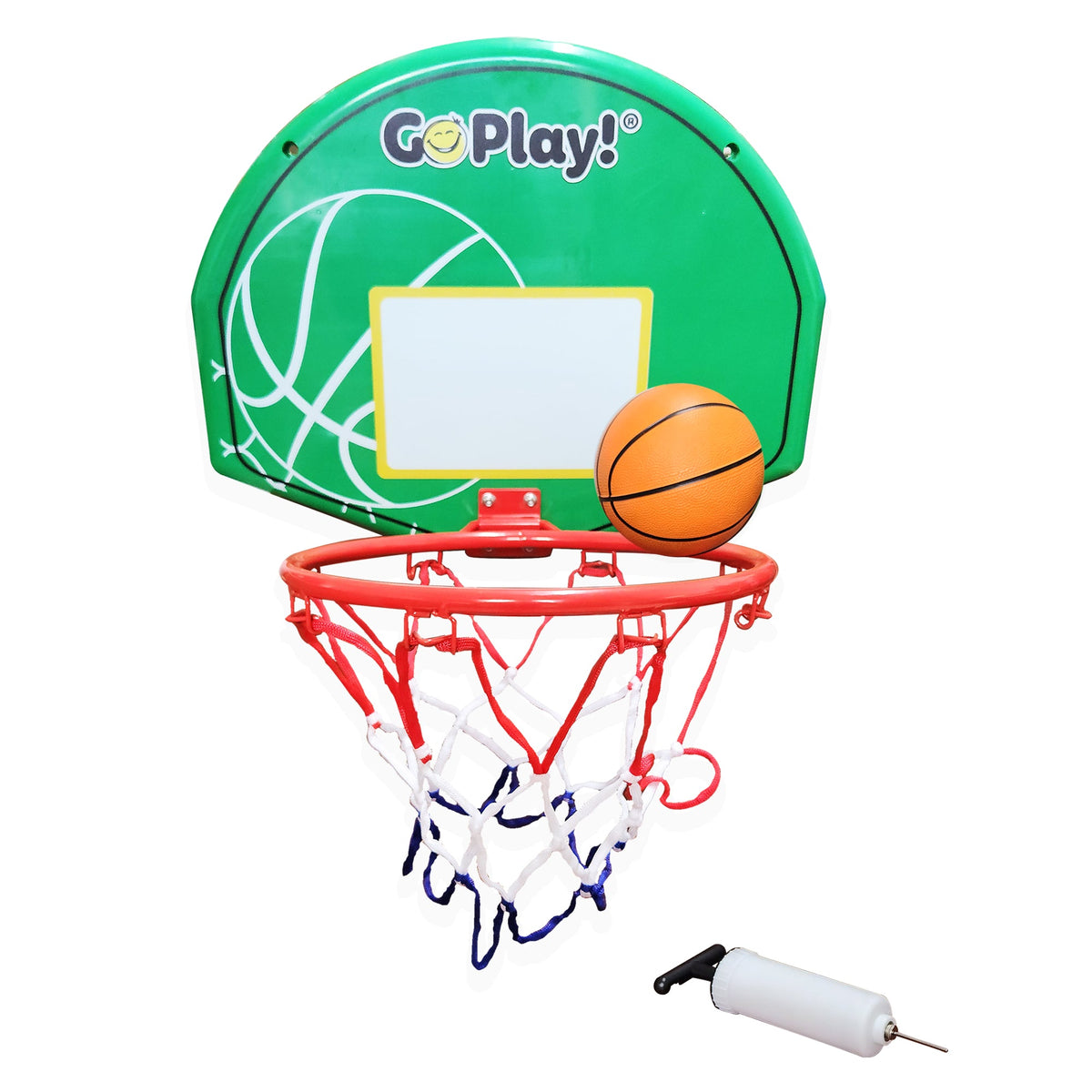 A green basketball backboard with the 'Go Play!' brand logo on it, attached to a red and white basketball hoop. An inflatable rubber basketball and a pump are also visible in the image.