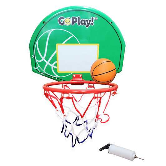 A green basketball backboard with the 'Go Play!' brand logo on it, attached to a red and white basketball hoop. An inflatable rubber basketball and a pump are also visible in the image.