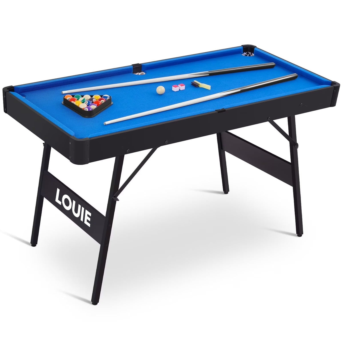 LOUIE foldable pool table with blue felt, black frame and folding legs, shown with 2 cue sticks, billiard balls in a triangle rack, chalks and a brush