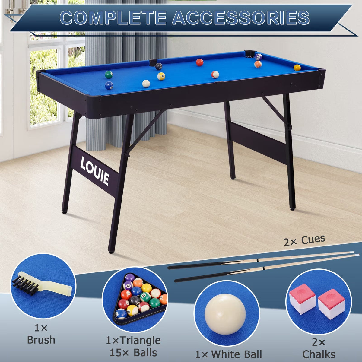 LOUIE foldable pool table in a living room with included accessories: 2 cues, table brush, triangle rack with 15 balls, white cue ball and 2 chalks