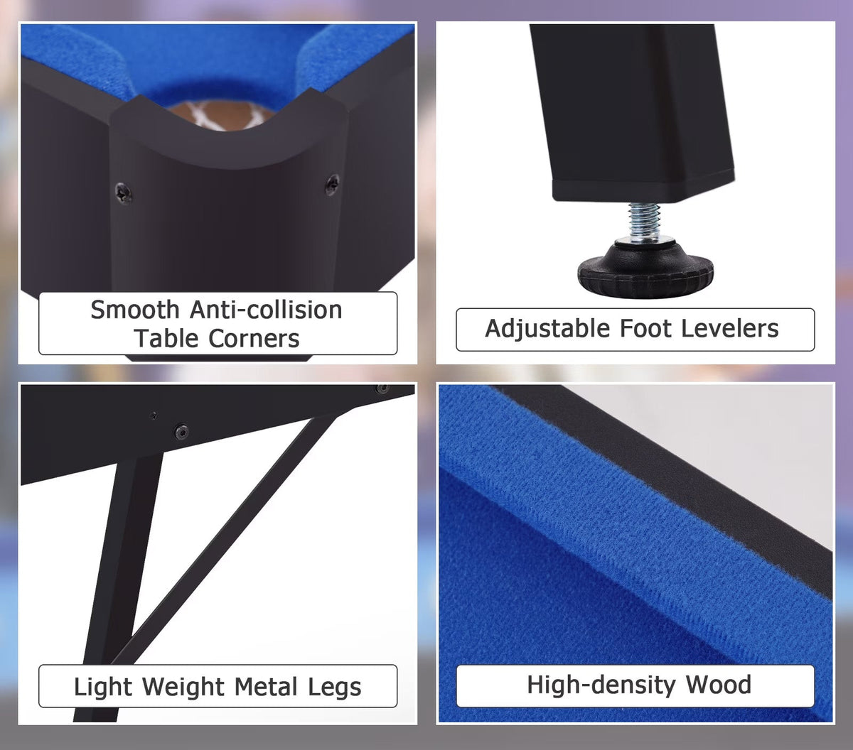 Close-up features of the LOUIE pool table: smooth anti-collision corners, adjustable foot levelers, lightweight metal legs and high-density wood with blue felt