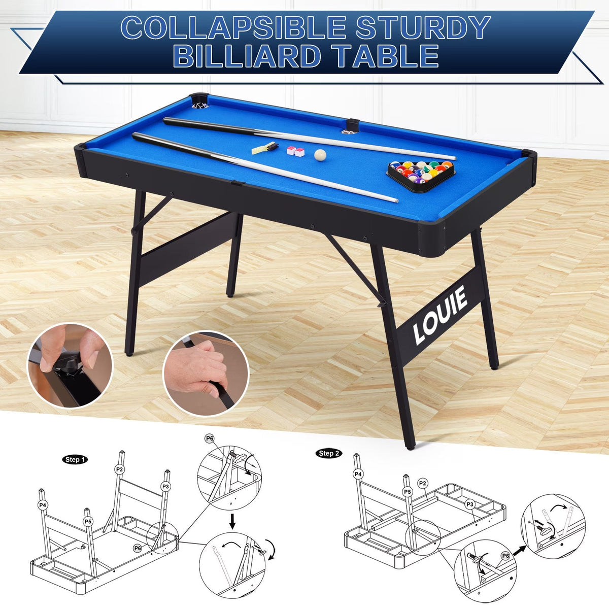 Collapsible LOUIE billiard table with locking legs, showing step-by-step folding instructions for storage