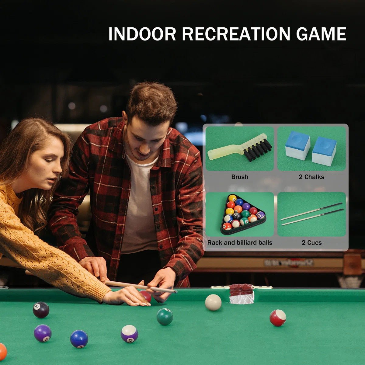 Couple playing pool on a green velvet table with included accessories for the LOUIE pool table: brush, 2 chalks, triangle rack with billiard balls and 2 cues