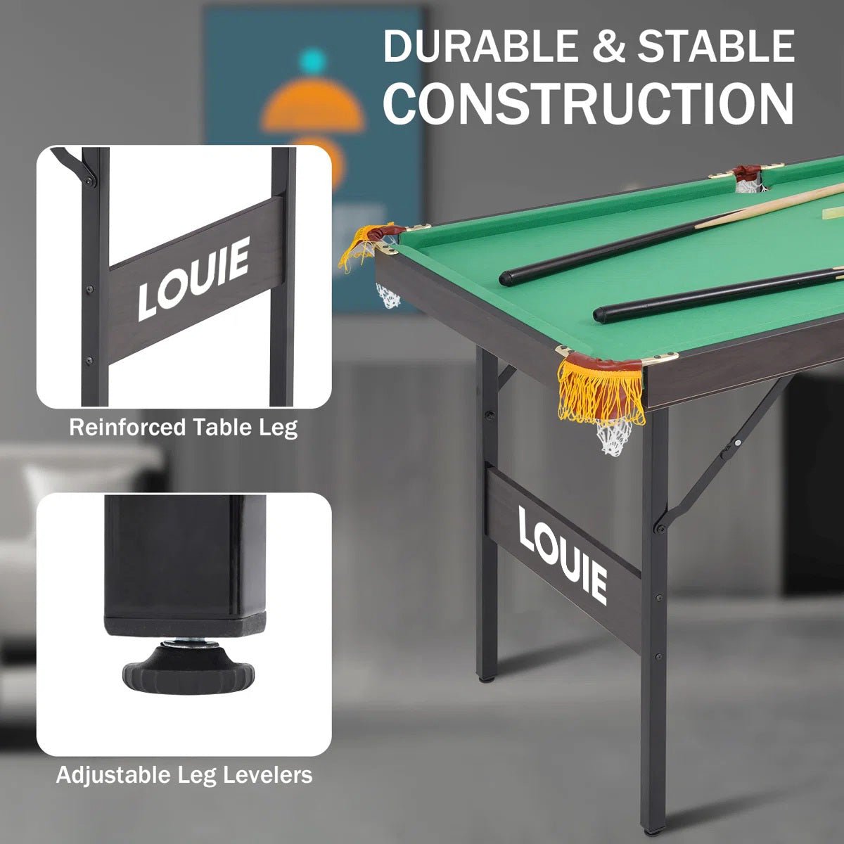 Close-up of the LOUIE pool table's durable construction: reinforced table legs and adjustable leg levelers for a level playing surface