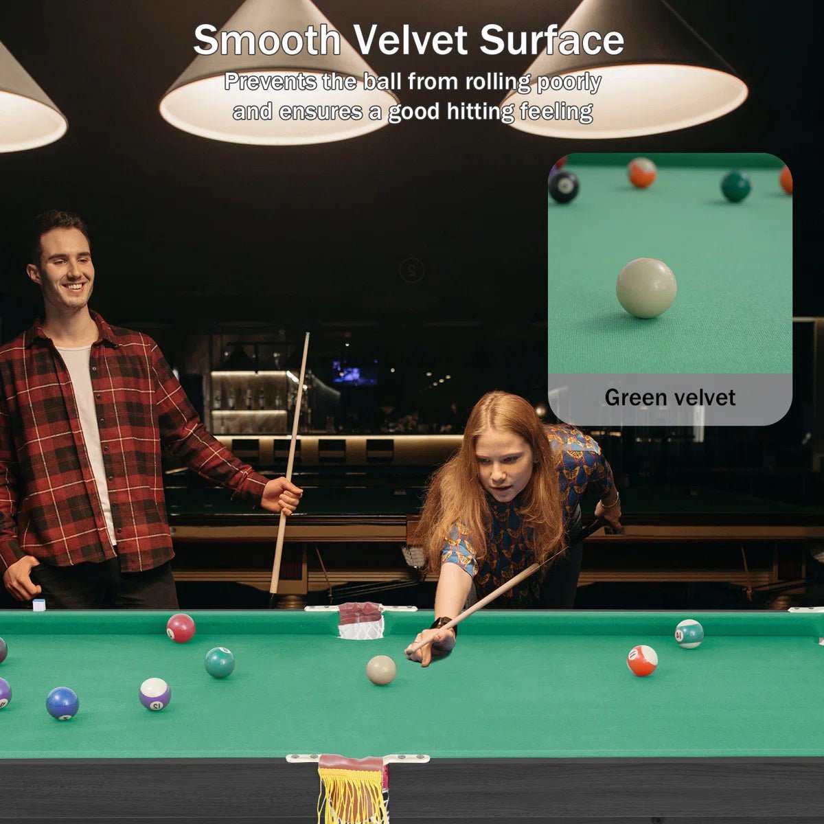 Woman playing a shot on the smooth green velvet surface of a LOUIE pool table, with a close-up of the velvet finish