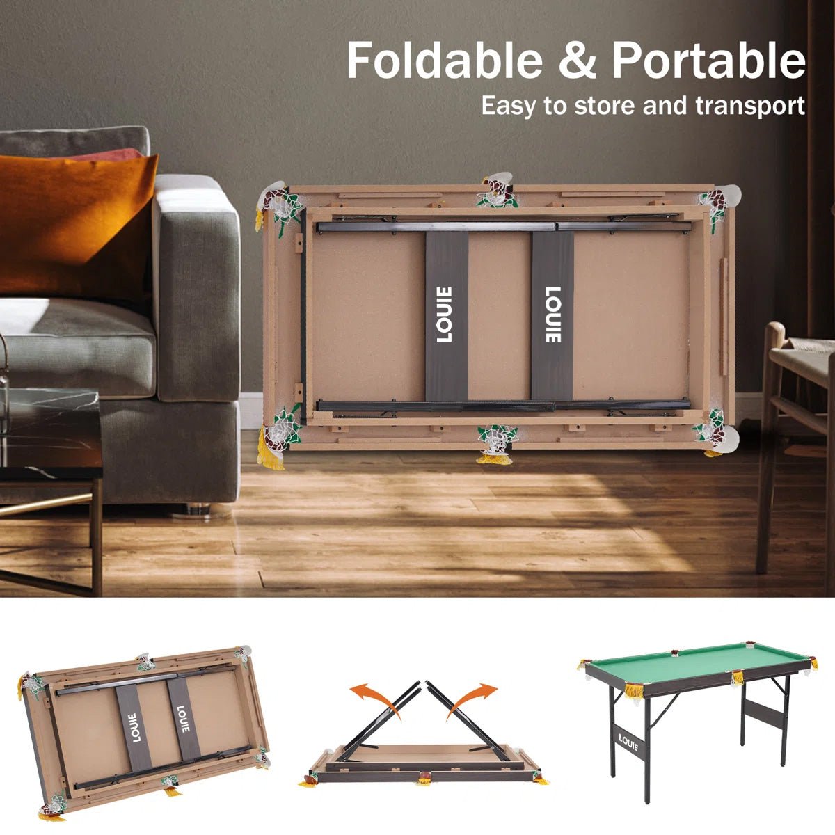 LOUIE foldable pool table folded flat against a living room wall, showing how the legs fold for easy storage and transport