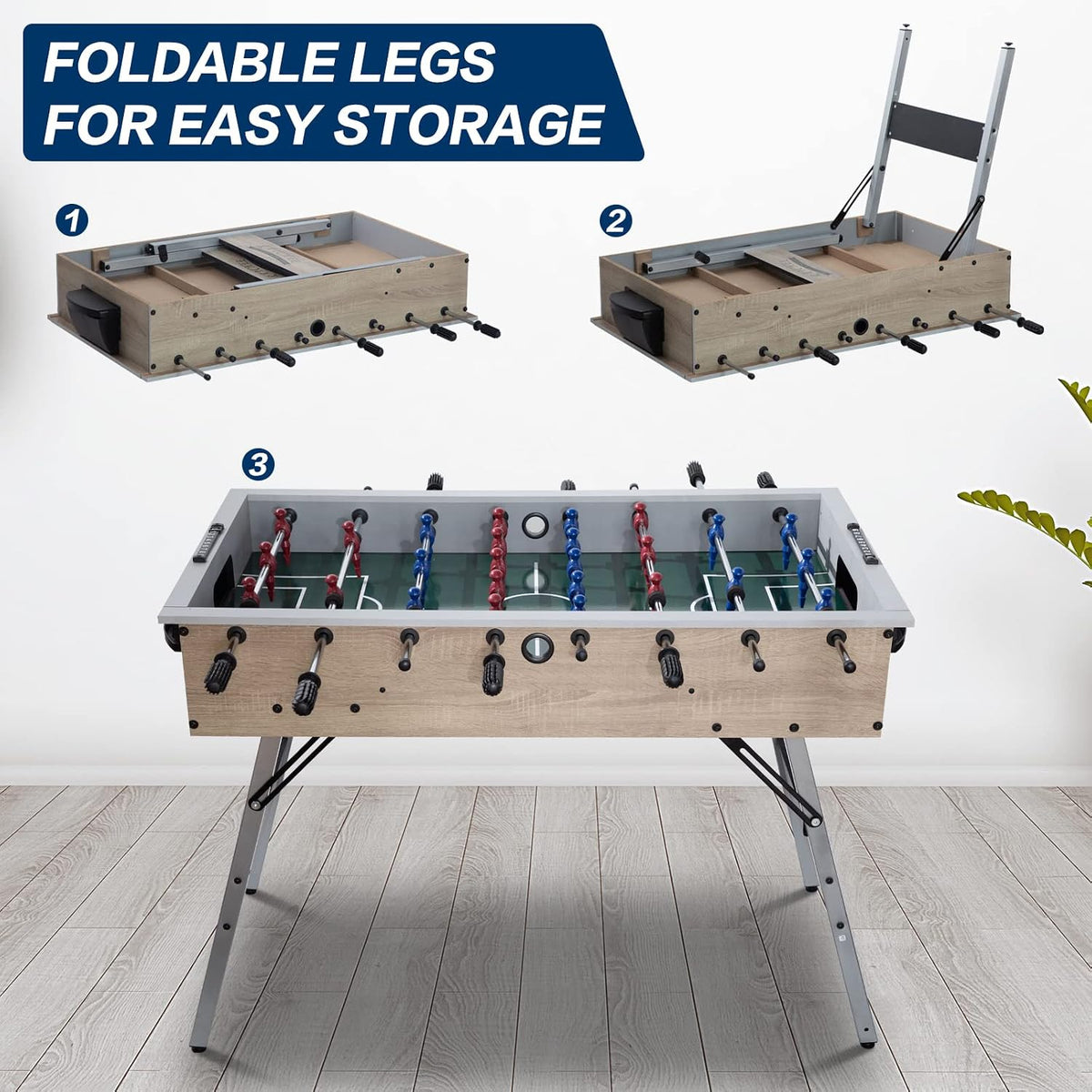 Step-by-step folding of the LOUIE foosball table legs for easy storage, shown against a wall with the table set up and folded flat