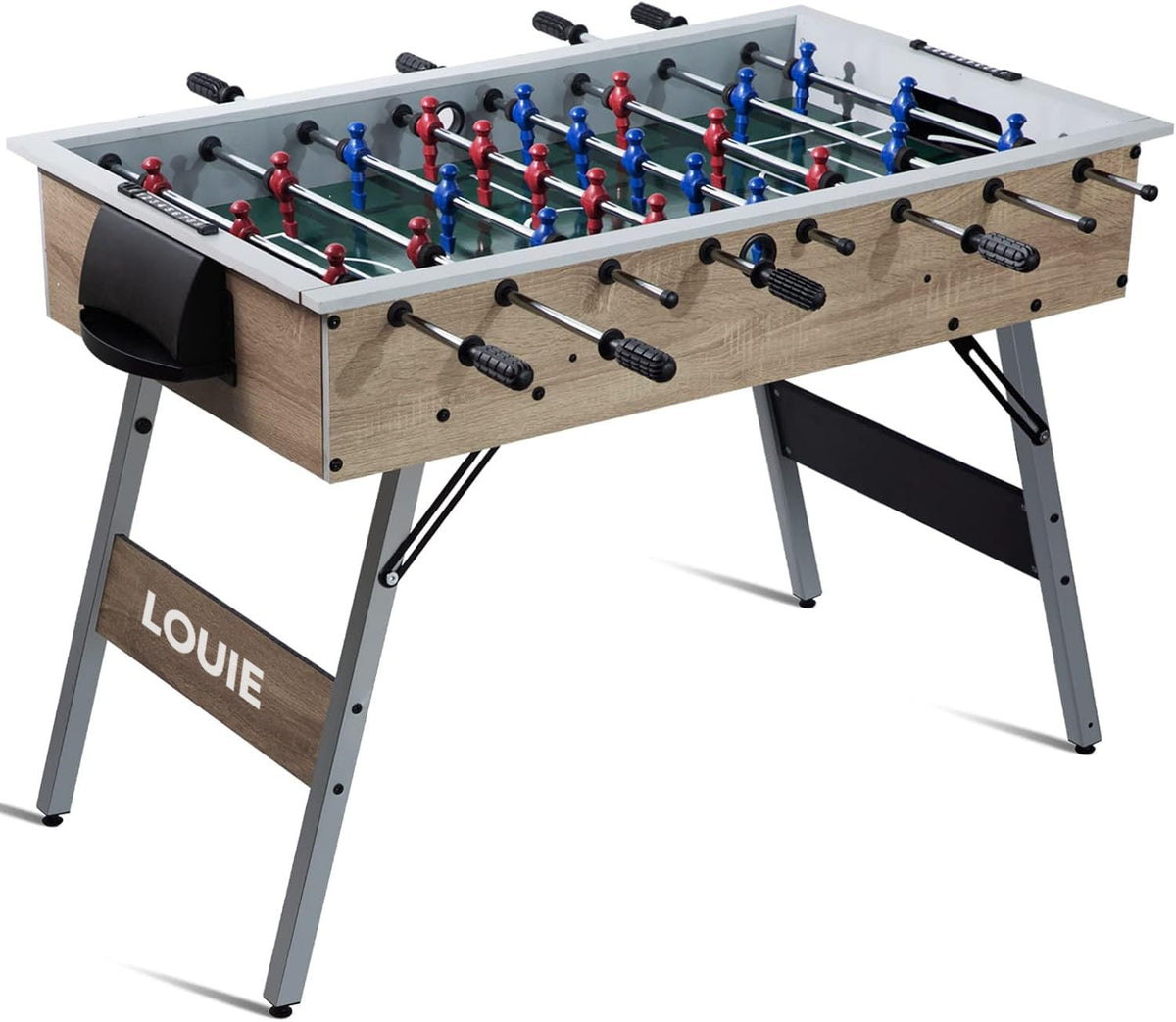 LOUIE foosball table with foldable legs, red and blue molded players on a green pitch, ergonomic handles and wood-grain finish