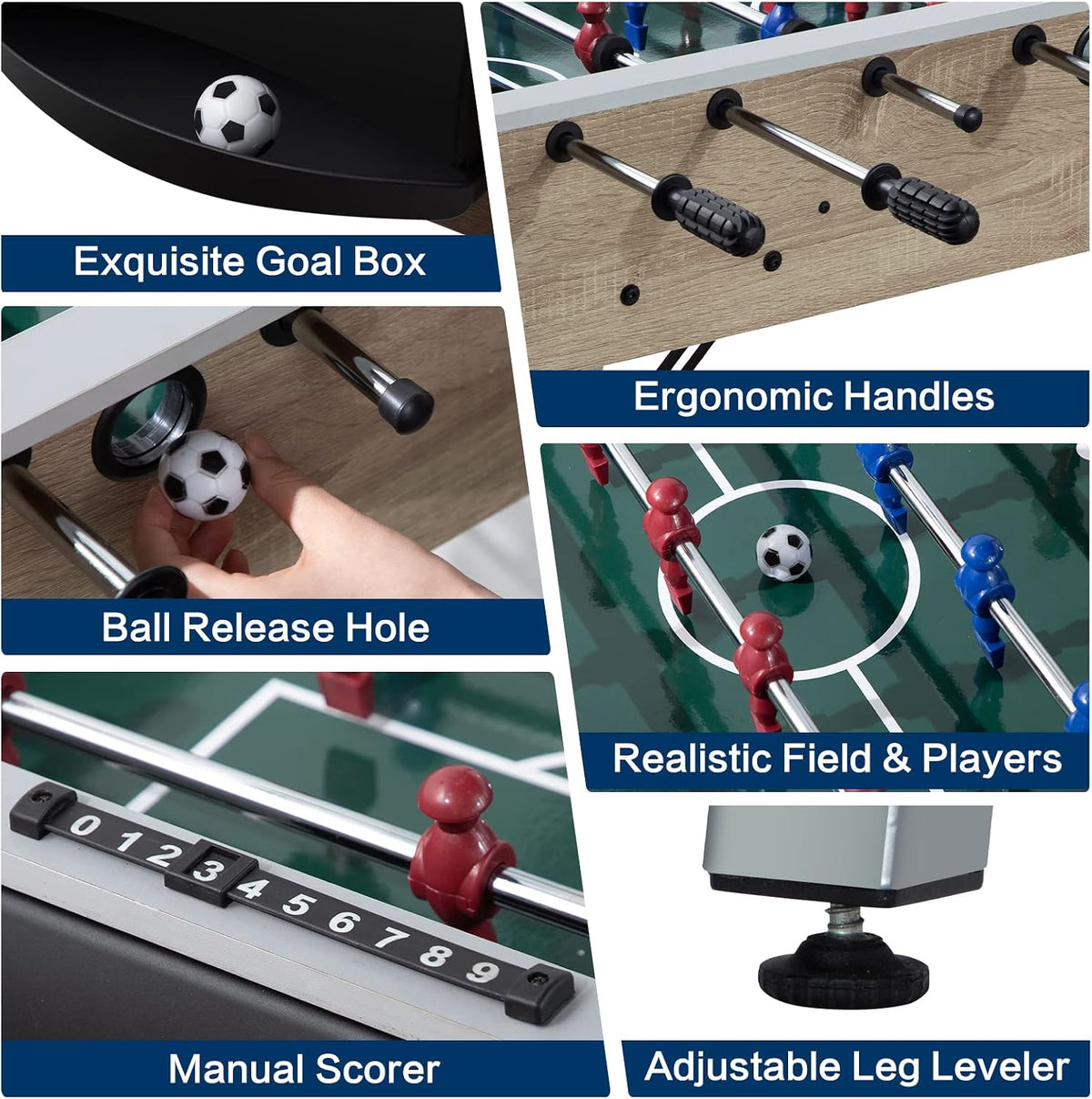 Feature close-ups of the LOUIE foosball table: goal box, ergonomic handles, ball release hole, manual scorer, realistic field and players, and adjustable leg leveler