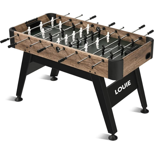 LOUIE full size foosball table with wood-grain finish, black reinforced legs, steel rods and black and white molded players