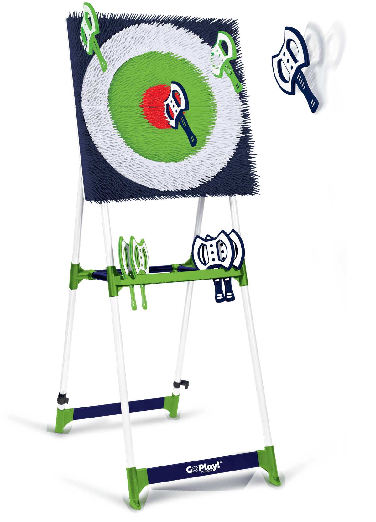 Go Play Premium Axe Throw set with a steel frame and a folding target, including eight throwing axes with blue and red accents on the target.
