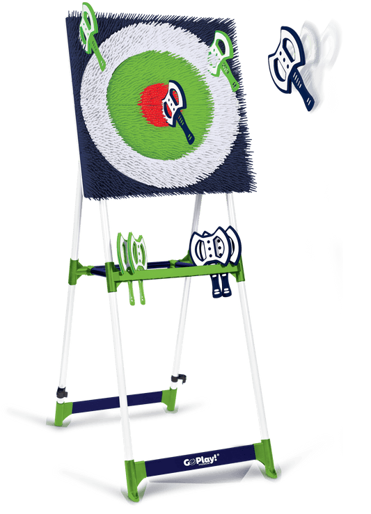 A premium axe throw set with a steel frame and a folding target, including eight throwing axes with blue and red accents on the target.