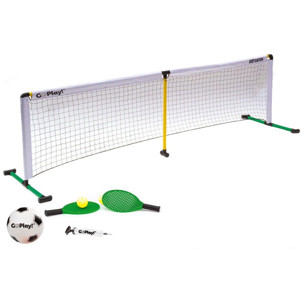 Go Play! Racquet / Soccer Tennis Set all laid out on a white background. 