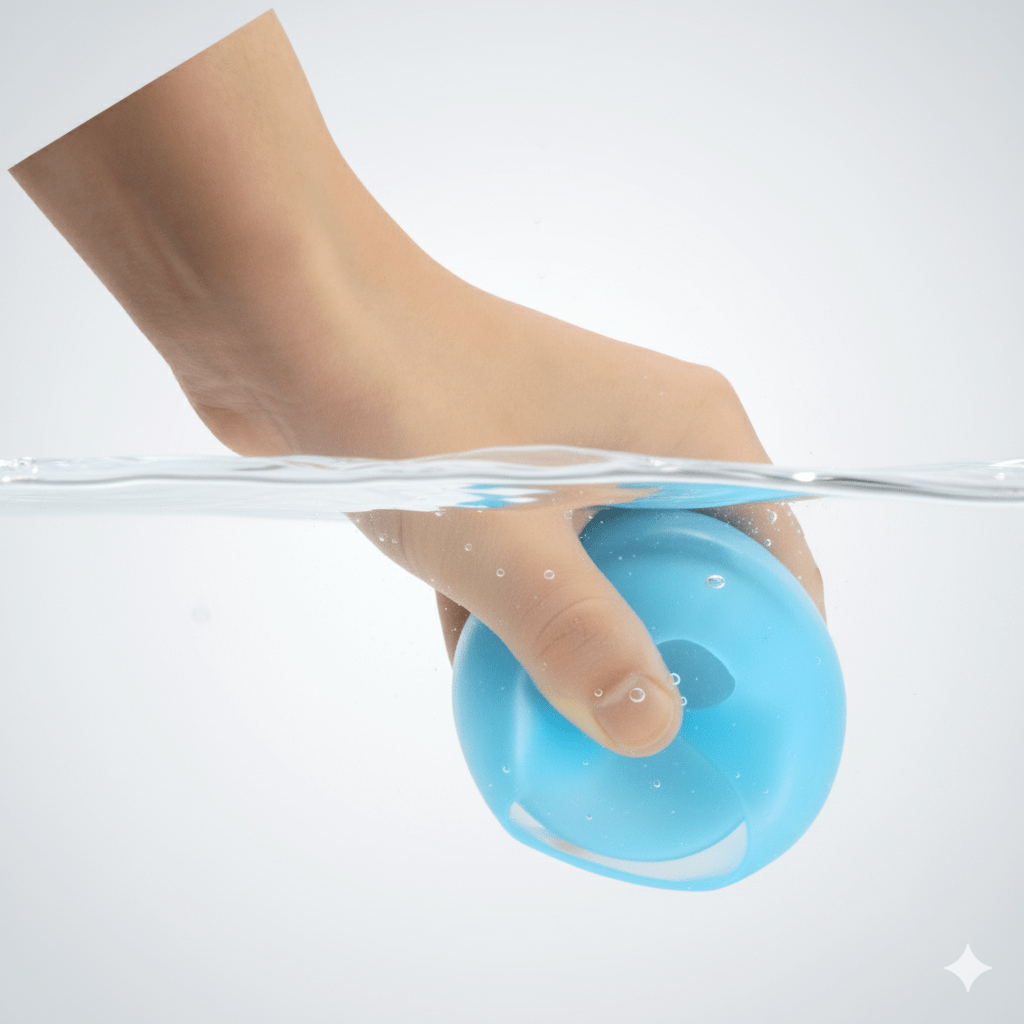Hand holding a blue gel ball above water on a white background