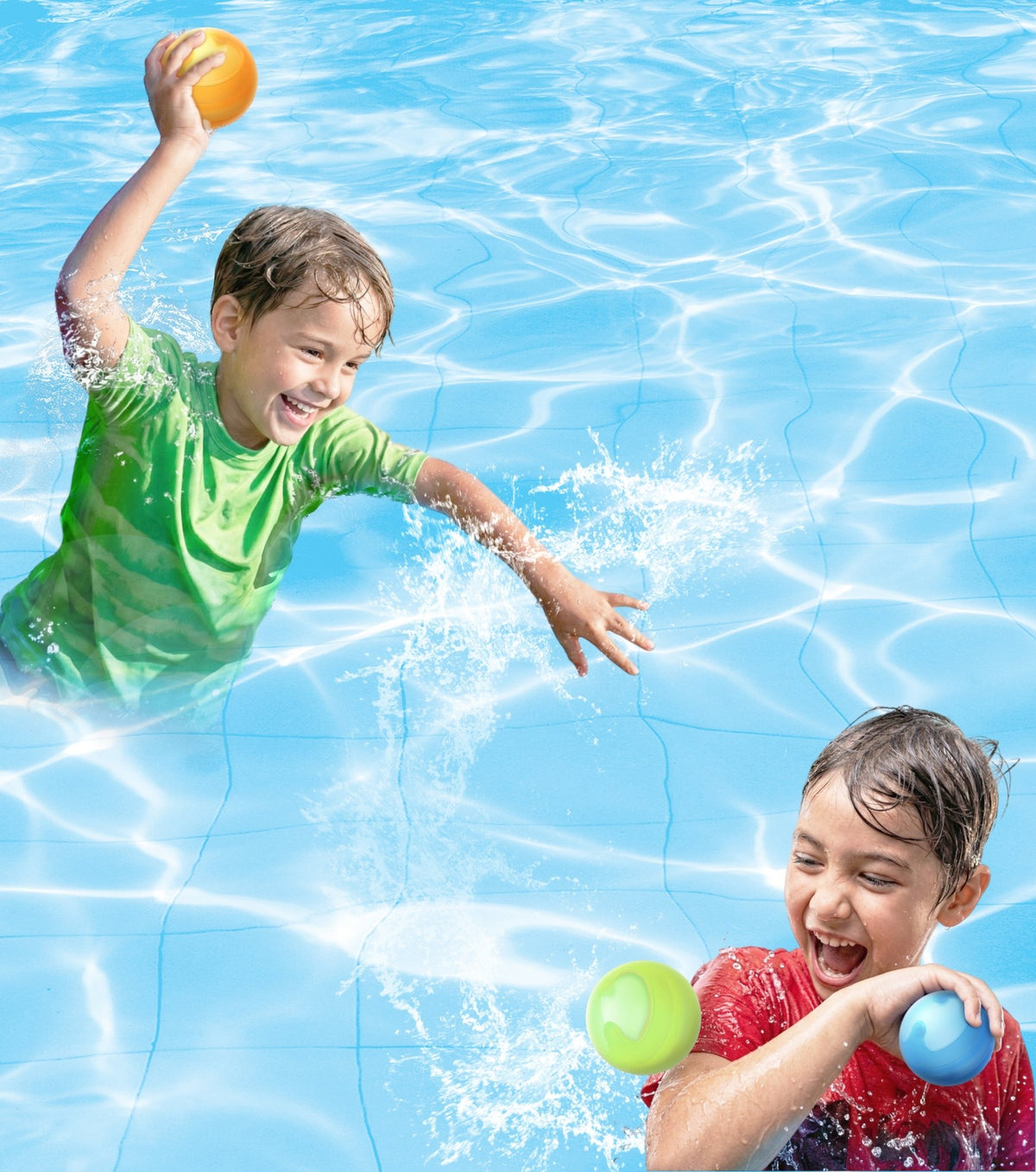Two children playing in a pool with colorful water bomb balls.