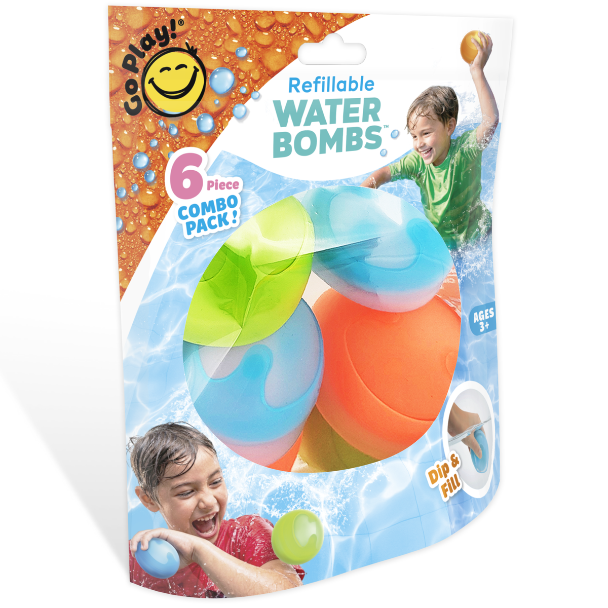 Packaging of refillable water bombs with children playing in the background