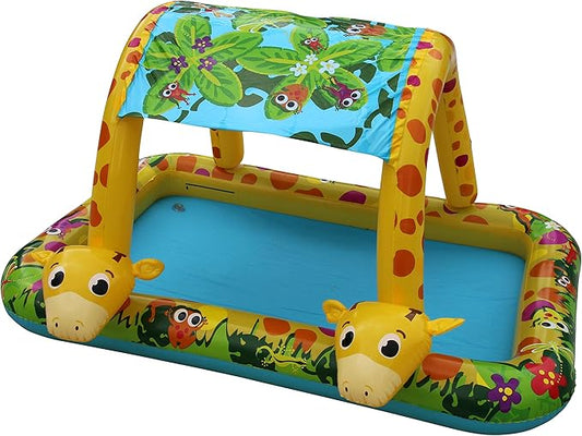 Inflatable pool and playpen with giraffe and butterfly design on a white background