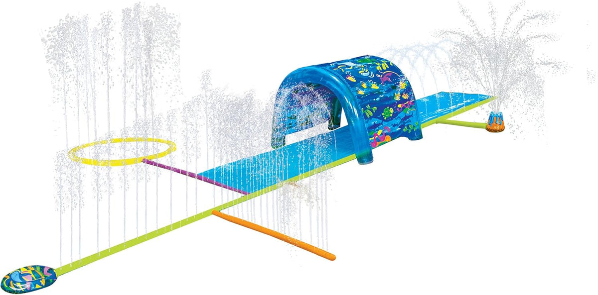An image of a Go Play! Splash 'N Slide Sprinkler Park play set with various activities including a slide and a stomp pad.