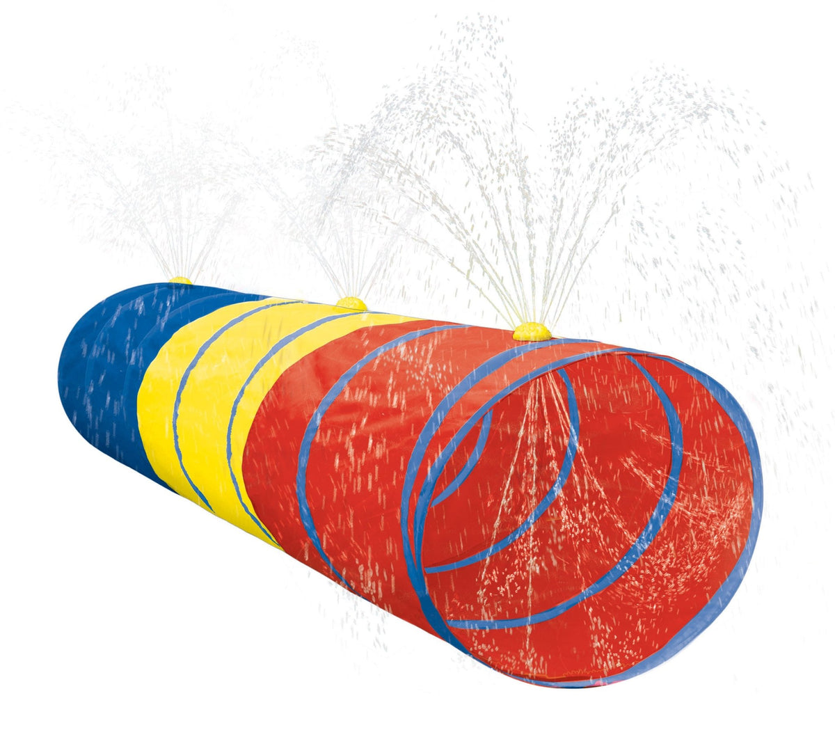 A colorful pop-up polyester tunnel sprinkler, with water spraying out from the top.