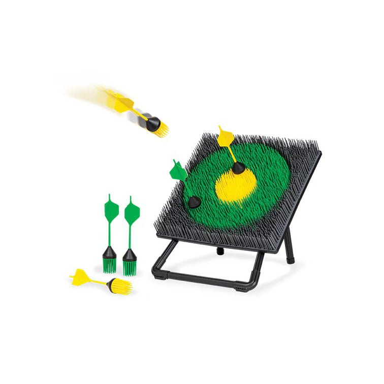 A lawn dart set with a green and yellow dart hitting a bristle target, accompanied by two additional darts and a carry bag.