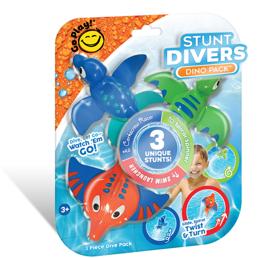 Packaging of Stunt Divers Dino Pack with toy dinosaurs and branding elements.