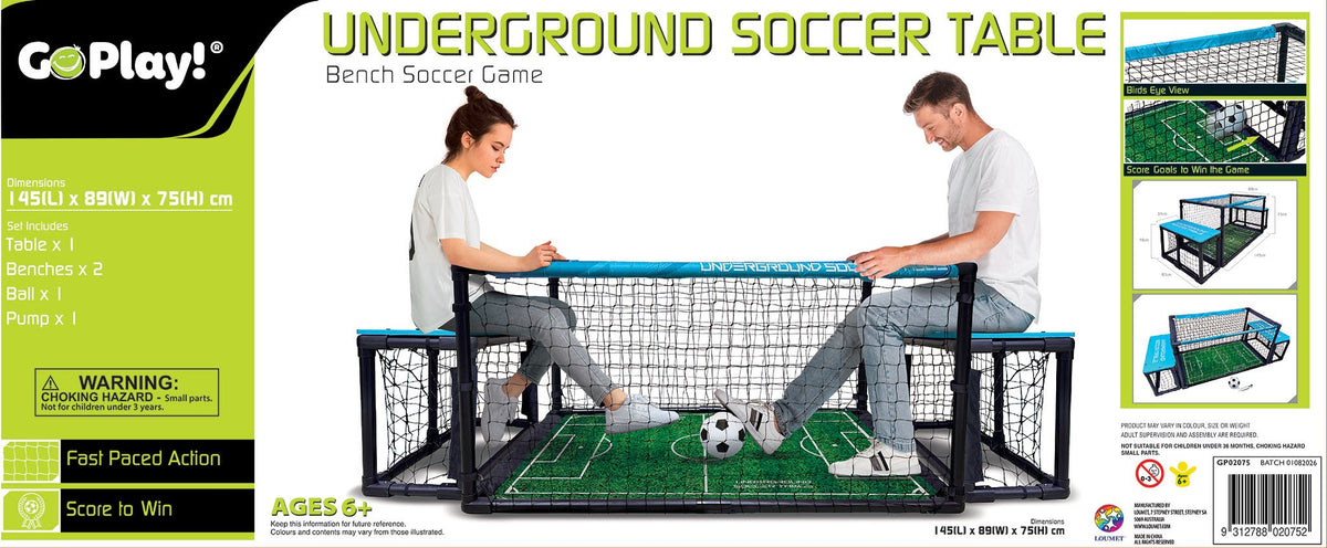 Box for a Go Play! Underground Bench Soccer Table with two people playing on it.